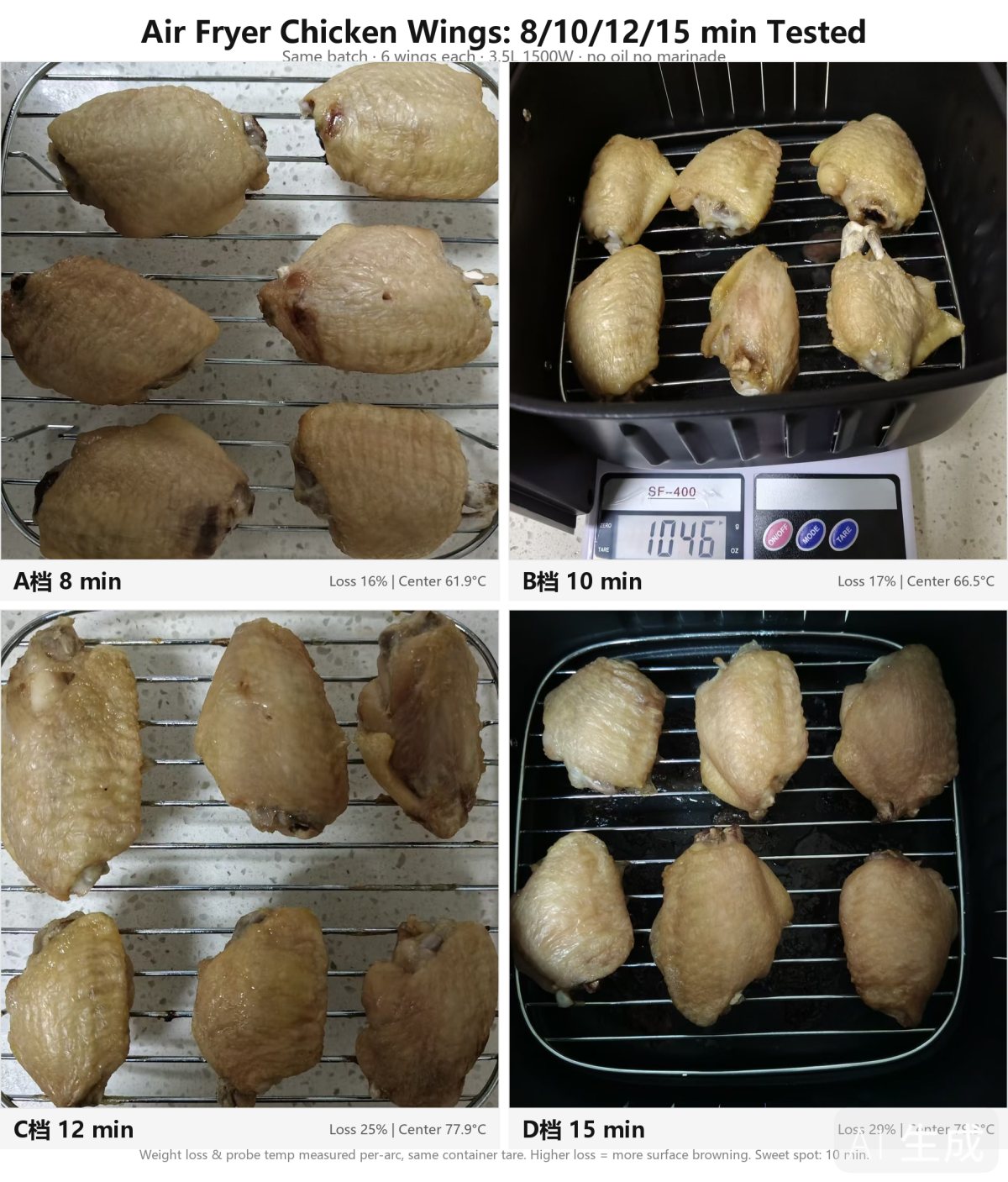 Four-panel comparison: the same 6 chicken wings air-fried for 8, 10, 12 and 15 minutes, with weight loss and center probe temperature noted for each. Color change is subtle — 10 minutes is already crispy.